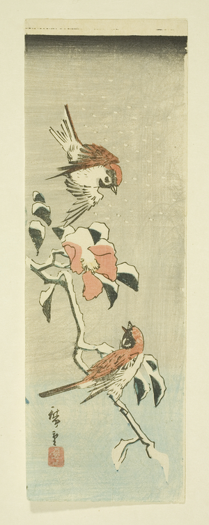 Sparrows and Camellia in Snow (colour woodblock print)