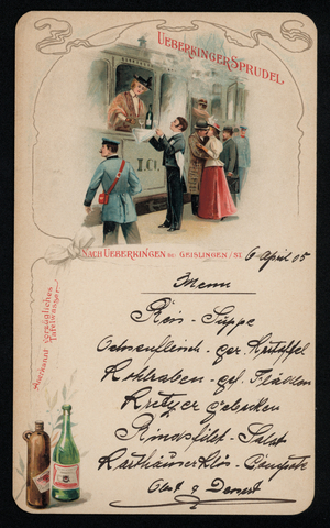 Rail passengers enjoying sparkling wine, advertisement (chromolitho)