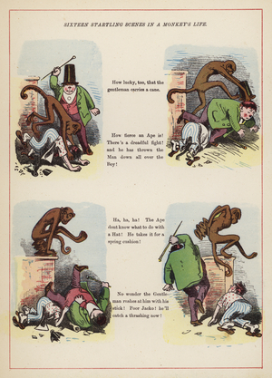 Sixteen startling scenes in a monkey's life (colour litho)
