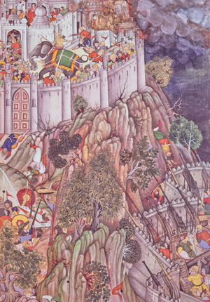 Siege of Fort at Ranthambhur by Akbar the Great, Mughal Miniature Painting, India