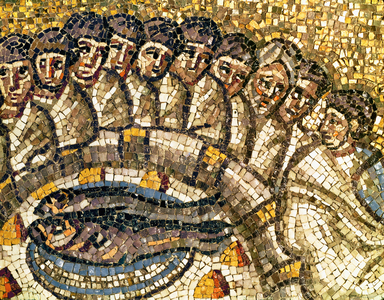 The fish and apostles, detail from " The Last Supper ", 6th century (mosaic)