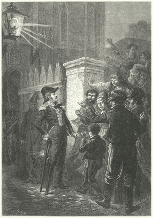 General Daumesnil confronts the Parisian mob outside the Chateau de Vincennes during the French Revolution of 1830 (engraving)
