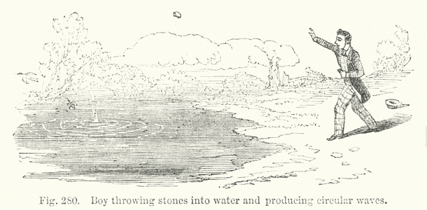 Boy throwing stones into water and producing circular waves (engraving)