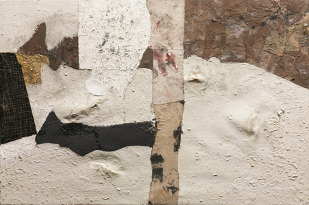 White (Bianco), 1952 (oil, enamel, metallic paint, fabric, synthetic polymer, tar, paper, thread, & gold leaf on fabric)