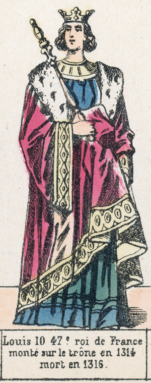 Louis 10, 47e roi de France, monte sur le trone en 1314, mort en 1316 (coloured engraving)