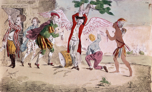 Independence war of USA, c. 1778 : cartoon showing english trade tied to a tree while an USA, a Spain and Holland pull out feathers, on l France takes away tobacconist from England who breaks her useless pipe, engraving