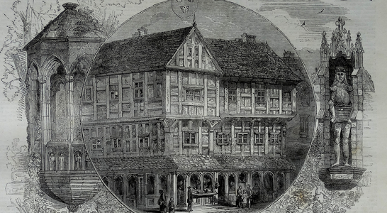 A Tudor house and shop, 1860 (engraving)