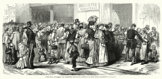C'est faire campague que d'attendre des heures entieres a la porte d'une boucherie (engraving)