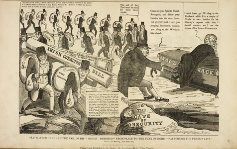 'Old gaffer Grey and the tail of is "order" retiring * from place to to the tune of more "paupers on the pension list." A queue of politicians carrying money bags and paper rolls representing various bills going down into a cave; A man pulling a reluctant lawyer towards the cave.