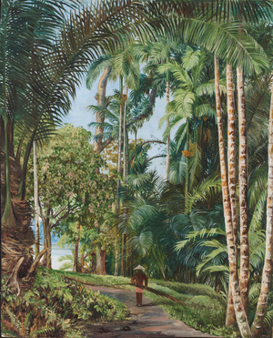 Walk under palms, with a glimpse of the river at Sarawak, 1876 (oil on board)