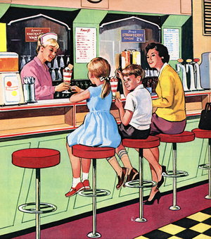 The Milk Bar Lady (colour litho)