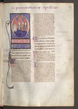 Full page: text and historiated initial - treatment scene: the bed-ridden sick person depicted with the upper body exposed