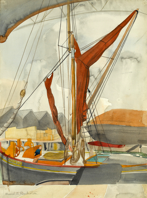 Skipper on his boat in the harbour (w/c on paper)