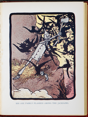 His axe fairly flashed among the jackdaws. Tin Woodman fighting.