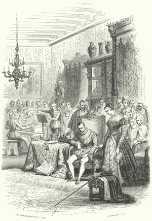 The composer Orlande de Lassus conducting a recital of his Penitential Psalms in the presence of King Charles IX of France, 1571 (engraving)