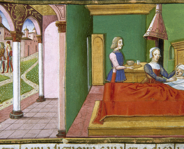 The centurion's servant sick in bed. Codex of Predis (1476). Italy.