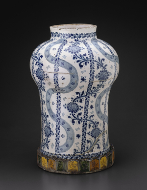 Jar with Vertical Flowing Bands and Vines with Sunflowerlike Blossoms, 1700-50 (tin-glazed earthenware)