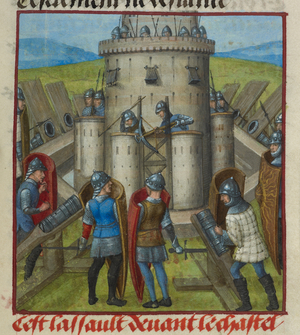 Detail of a miniature depicting an assault on the castle, from 'Le Roman de la Rose', 15th century