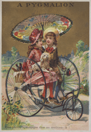 Two girls and their pet dog riding a tricycle (chromolitho)