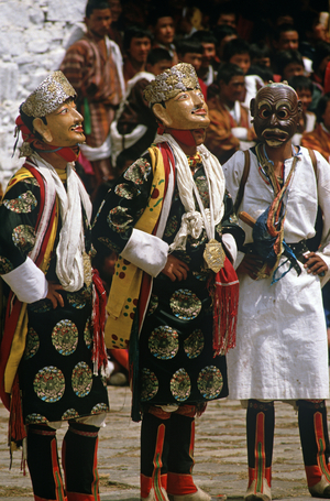 Mask dancers at the Paro Tshechu, mask dance festival, in the Paro Dzong, Bhutan (photo)