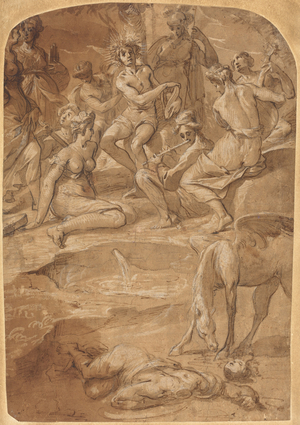 Apollo and the Muses on Mount Parnassus, c.1640 (pen and ink)