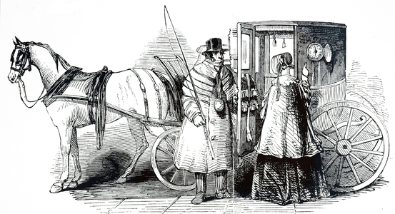 An engraving depicting a London cab fitted with a Von Uster's taxi meter, 19th century