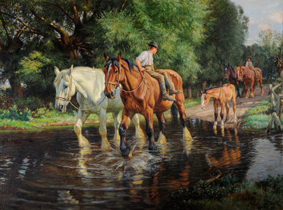 Farm Horses and Foal at a Ford, c.1915 (oil on canvas)