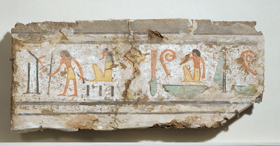 Inscription in particularly clear hieroglyphs: a man with his walking stick, a bearded god squatting, a man with his hand at the mouth …