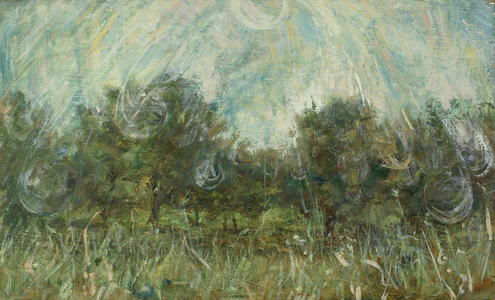 Sun Rays above a Line of  Trees, 2009 Oil and (Tempera on Panel)