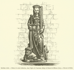 Seizieme siecle, Statue de sainte Catherine, dans l'eglise de l'ancienne abbaye de Baume-les-Moines, Jura (engraving)