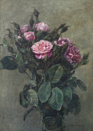 A bunch of London Market Garden Moss roses (oil on canvas)