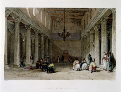 Engraved illustration of Christian Arabs at prayer in Bethlehem, published in Picturesque Palestine, about 1875
