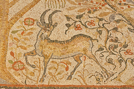 Heraclea Lyncestis archaeological site, mosaic detail in the Great Basilica, a stag, Bitola, Macedonia, Europe
