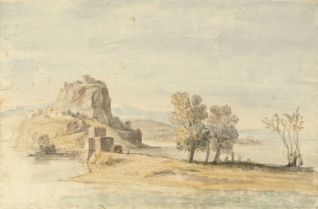 A fortified village on an isthmus (black chalk, pen and brown ink, watercolour)