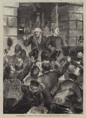 Electioneering at Liverpool, Scene at the Townhall after the Nomination (engraving)