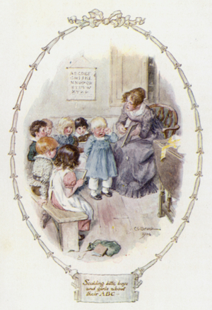 Scolding little boys and girls (colour litho)