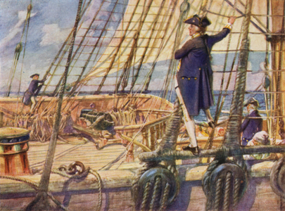 Captain Nelson challenging a Midshipman to race to the masthead (colour litho)