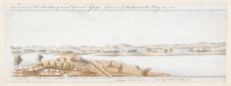 A view from Boston looking west, with the camps of the Dragoons and the Royal Irish in the foreground, and enemy lines, the town of Cambridge, David Phipps's farm by the road to Charlestown, enemy camp and redoubts on Winter Hill seen across Charles River in the background