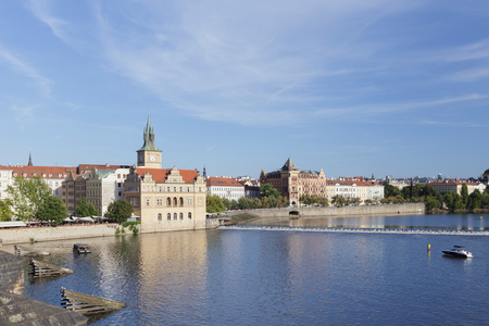 View along River Vltava toward the Bedrich Smetana Museum building from Charles Bridge, Prague, Czech Republic, 2024 (photo)