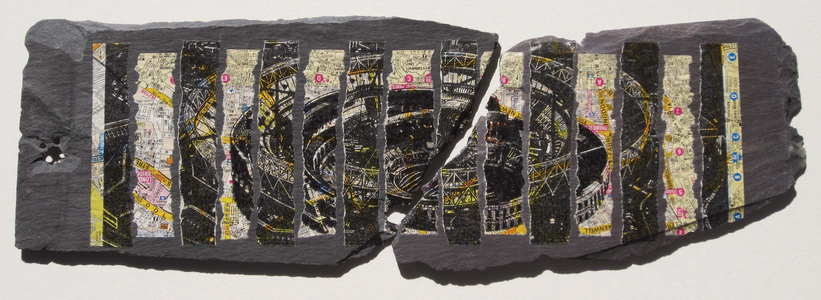 2,000 Years of Stadia, 2012 (wood engravings printed on London A-Z street map pages collaged onto 2 pieces of slate)