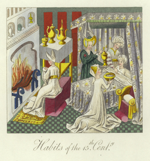 Habits of the 15th Century (coloured engraving)
