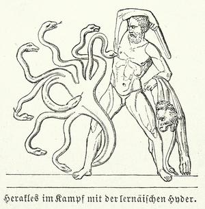 Heracles battling the Lernaean Hydra (engraving)