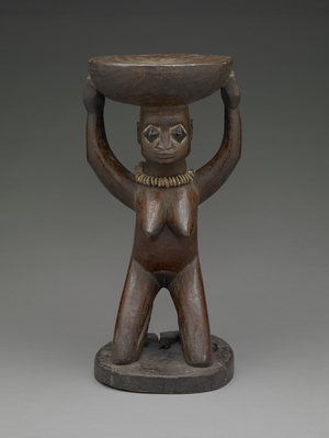 Altar Pedestal With Female Figure (wood, pigment, fiber, leather, cowrie shells)
