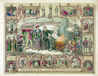 Martin Luther (1483-1546) German Protestant reformer burning the Papal Bull excommunicating him, Wittenberg, 1520. Surrounding vignettes show episodes in his life and other heroes of the Reformation.  Coloured lithograph.