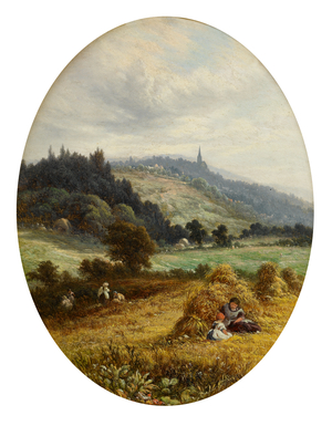 Harvest Time at Earlswood, near Redhill, Surrey (oil on canvas)