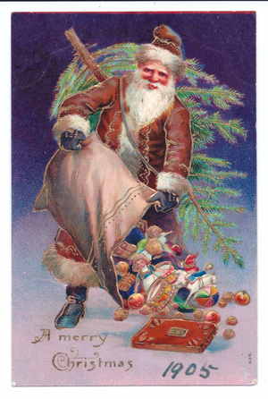 Edwardian Christmas postcard of Father Christmas emptying a sack of toys, c.1910 (colour litho)