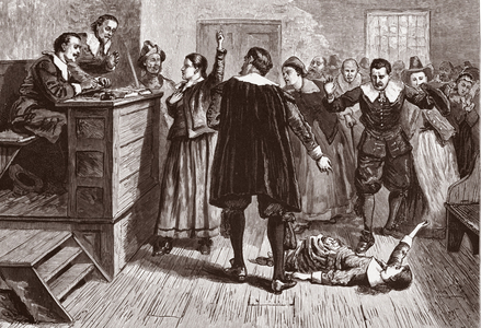 Witchcraft at Salem Village; from Pioneers in the settlement of America: from Florida in 1510 to California in 1849; William A Crafts;  pub. 1876 (engraving)