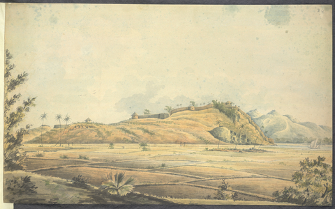A hill fort with paddy fields in the foreground