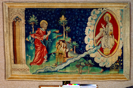 Apocalypse Tapestry, Cartons of the painter Hennequin de Bruges, atelier Nicolas Bataille. no 82, Le fleuve coulant du trône de Dieu, 1373-1380 (textile)
