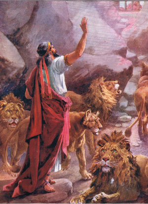 Daniel and the lions, from Bible Stories for Catholic Children pub.by Sands and Company, 1911 (colour litho)